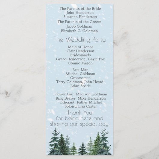 Rustic Evergreen Winter Pine Trees Wedding Programma (Achterkant)