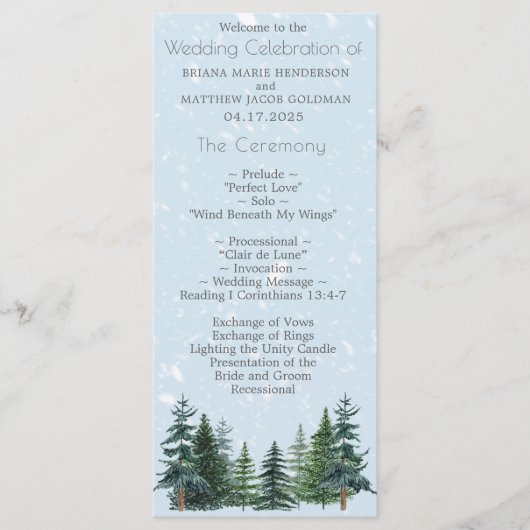 Rustic Evergreen Winter Pine Trees Wedding Programma (Voorkant)