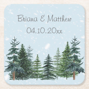 Rustic Evergreen Winter Pine Wedding Vierkante Kartonnen Onderzetter