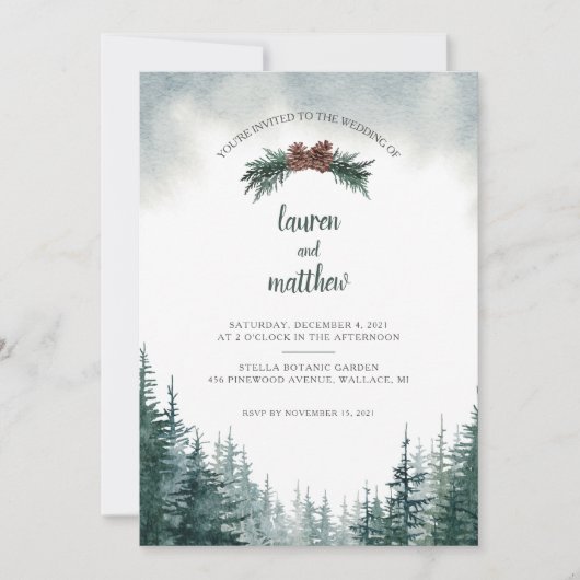 Rustic Evergreen Winter Wedding Invitation Kaart (Voorkant)
