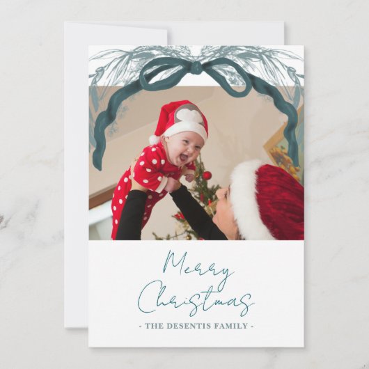 Rustic Evergreen Wreath Ribbon Christmas Photo Feestdagenkaart (Voorkant)