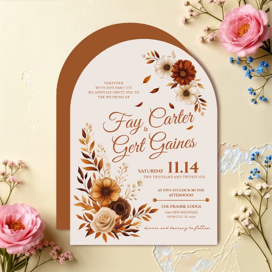 Rustic Fall Burnt Sienna Beige Floral Wedding  Kaart