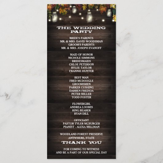 Rustic Fall Firefly Mason Jar Programmes de mariag (Dos)