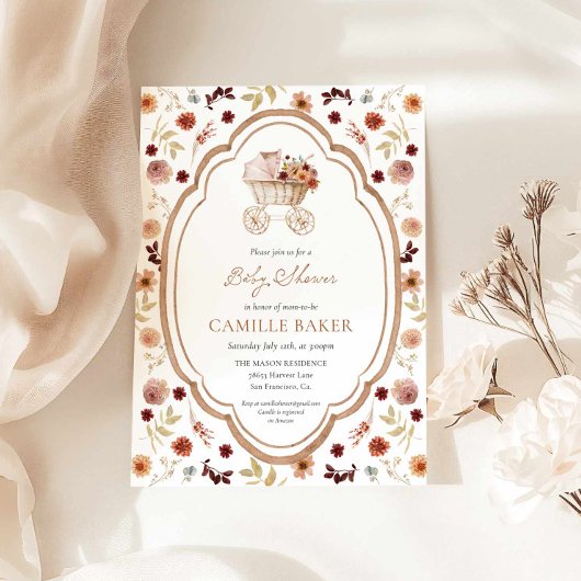 Rustic Fall Floral Burgundy Baby Shower Invitation