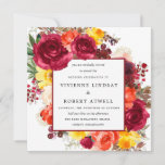 Rustic Fall Floral Carré Faire-part de mariage<br><div class="desc">Dans cette invitation mariage de automne, un élégant cadre fleuri rouge bordeaux, rose vif, jaune et orange entoure vos détails mariages. Ce modèle mariage do-it-yourself se trouve dans la collection Always Mariage. Il contient des modèles pour vous permettre de créer une suite de papeterie mariage unique ou de personnaliser votre...</div>