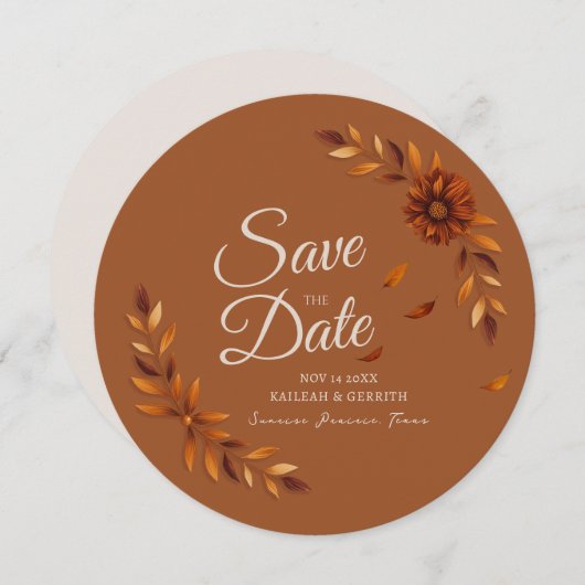 Rustic Fall Leaves Burnt Sienna Beige Wedding Save The Date (Voorkant / Achterkant)
