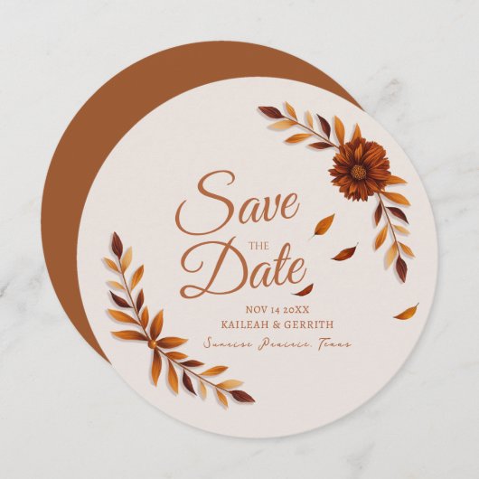 Rustic Fall Leaves Burnt Sienna Beige Wedding Save The Date (Voorkant / Achterkant)