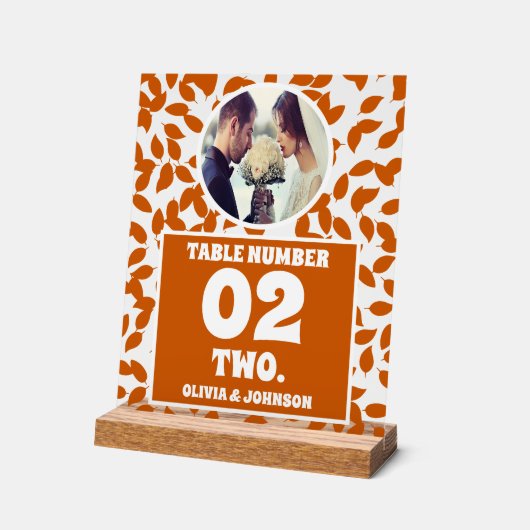 Rustic Fall Leaves Photo Mariage Numéro de table (Angle)