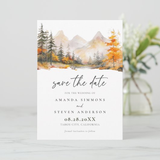 Rustic Fall Mountain Pine Forest Wedding Save The Date (Staand voorkant)