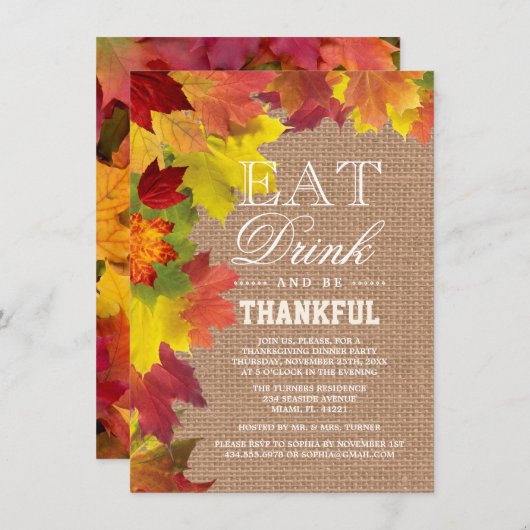 Rustic Fall quitte Burlap Thanksgiving Invitation (Devant / Derrière)