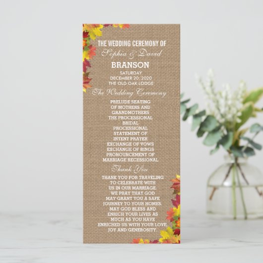 Rustic Fall quitte Burlap Wedding Programme Person (Debout devant)