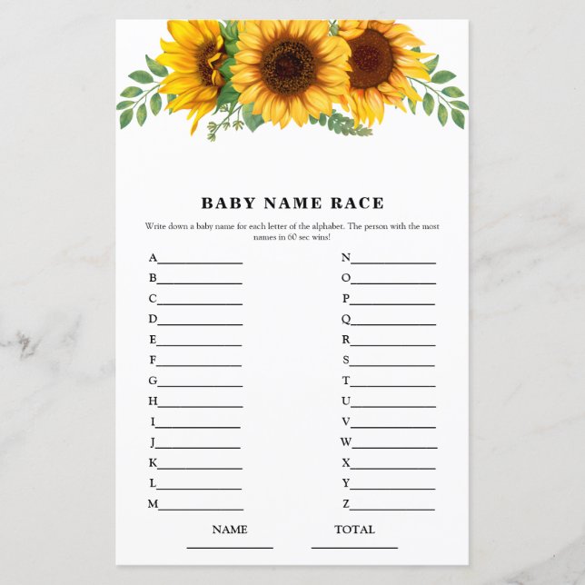 Rustic Fall Sunflower Name Race Baby Shower Game (Voorkant)