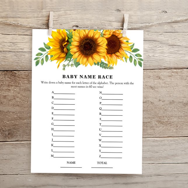 Rustic Fall Sunflower Name Race Baby Shower Game (Creator heeft geüpload)