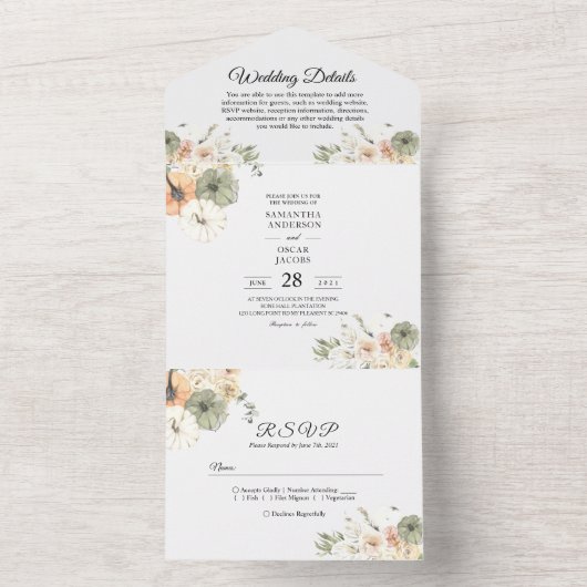 Rustic Fall Wedding Invitation Set | Waterverf All In One Uitnodiging (Binnen)