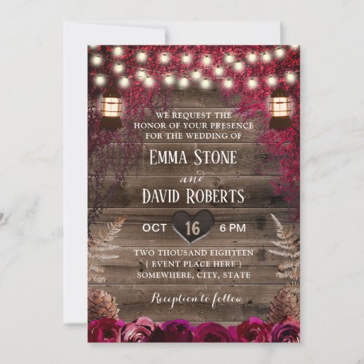 Rustic Fall Wedding Lantern Burgundy Red Flowers Kaart (Voorkant)