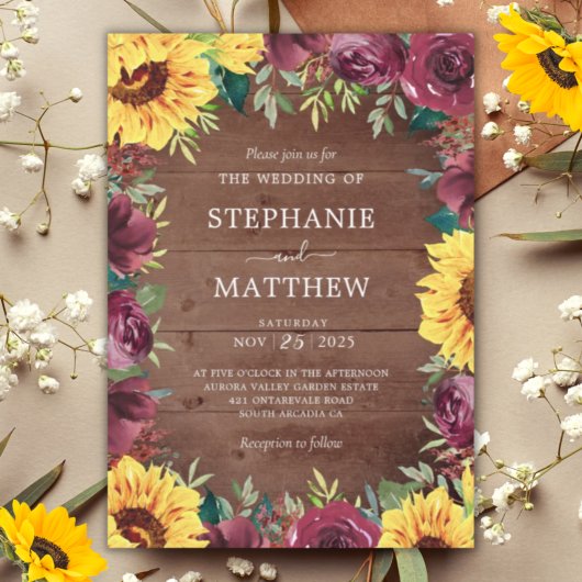 Rustic Fall Wedding Sunflower Burgundy Floral Kaart