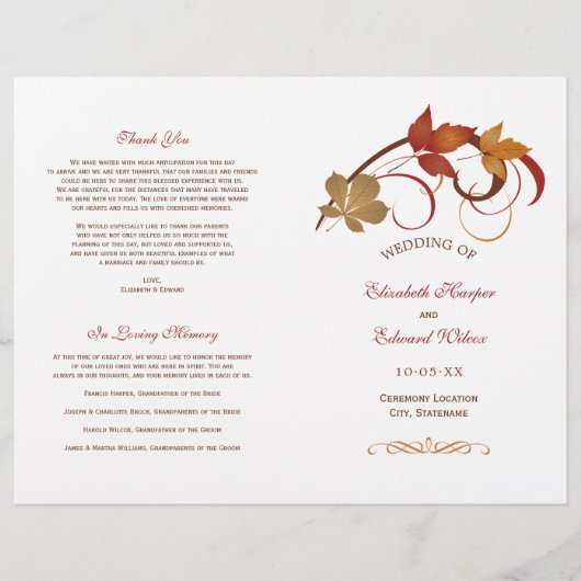 Rustic Falling Feuille Mariage de automne Programm (Devant)
