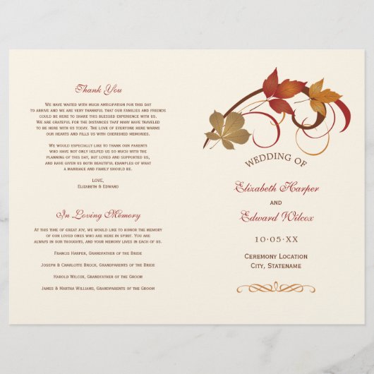 Rustic Falling Feuille Mariage de automne Programm (Devant)