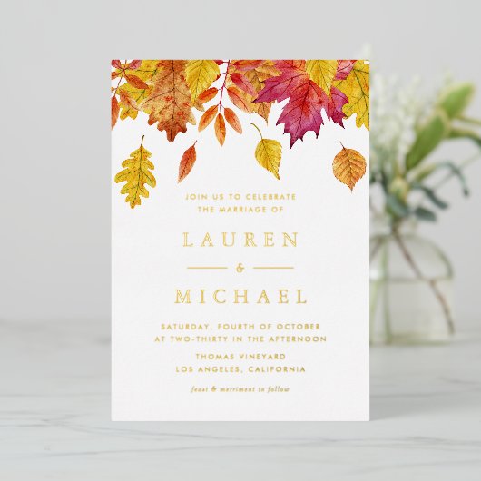 Rustic Falling verlaat Garland herfstbruiloft Folie Uitnodiging (Staand Voorkant)