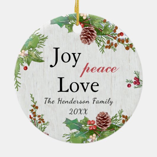 Rustic Family Foto 2-zijdig Joy Peace Love Xmas Keramisch Ornament (Achterkant)