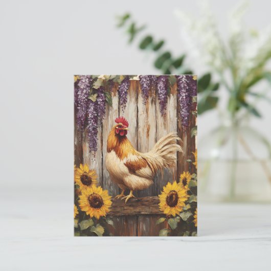 Rustic Farm Rooster with Sunflowers and Wisteria Briefkaart (Staand voorkant)