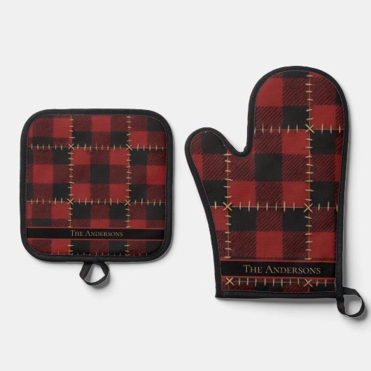 Rustic Farmhouse Buffalo Plaid Custom Christmas Ovenwant & Pannenlap Set (Voorkant)