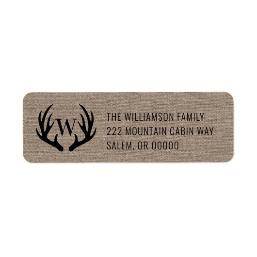 Rustic Farmhouse Burlap Deer Antlers Monogram Etiket (Voorkant)