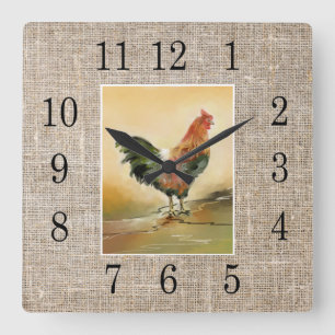 Rustic Farmhouse Country Rooster Burlap Vierkante Klok