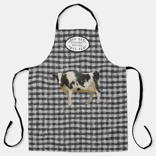 Rustic Farmhouse Cow Black and White Kitchen Name Schort (Voorkant)