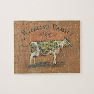 Rustic Farmhouse Cow Monogram Familienaam Legpuzzel
