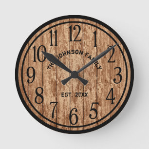 Rustic Farmhouse Dark Wood Familienaam Ronde Klok