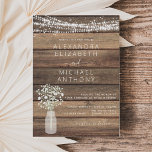 Rustic Farmhouse Faire-part de mariage de respirat<br><div class="desc">Rustic Farmhouse String Lights and Baby's Breath Wedding Invitations on Wood arrière - plan - comprend une belle et élégante typographie avec la ferme Country House Sparkle moderne pour la célébration spéciale de mariage.</div>