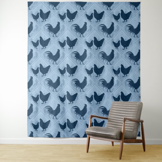 Rustic Farmhouse Hen Pattern – In Blue Wandkleed (In situ)