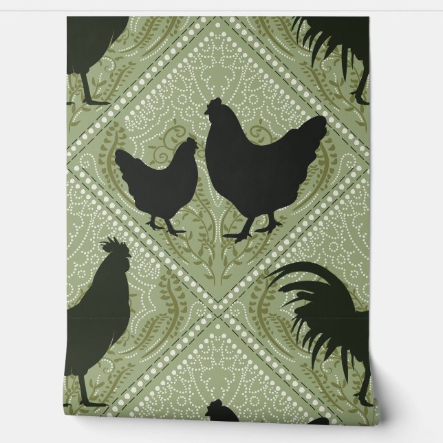 Rustic Farmhouse Hen Pattern – In Green  Behang (Afrollen)