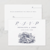 Rustic Farmhouse Illustration Destination Wedding RSVP Kaartje (Voorkant / Achterkant)