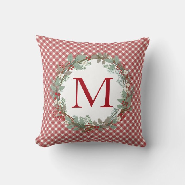 Rustic Farmhouse Initiaal Red Gingham Kussen (Voorkant)
