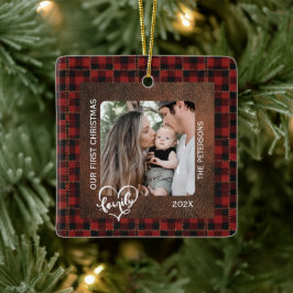 Rustic Farmhouse Leather & Plaid Christmas Family Keramisch Ornament