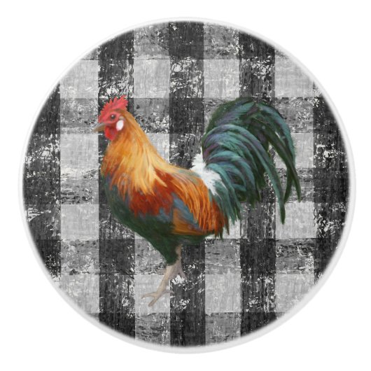 Rustic Farmhouse Rooster Black White Gingham Check Keramische Knop (Voorkant)