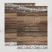Rustic Farmhouse String Lights Lace Wood Wedding I Kaart (Voorkant / Achterkant)