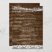 Rustic Farmhouse String Lights Lace Wood Wedding Kaart (Voorkant / Achterkant)