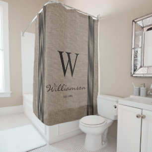 Rustic Farmhouse Ticking Stripe Burlap Monogram Sh Douchegordijn