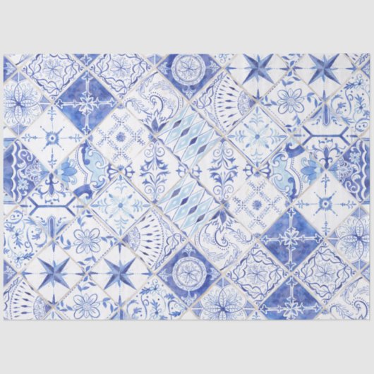 Rustic Farmhouse Tile Blue White Pattern-ontkoppel Tissuepapier (Voorkant)