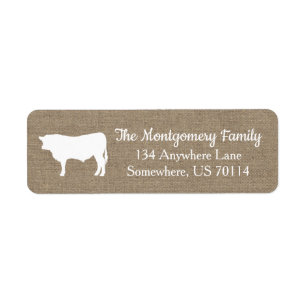Rustic Farmhouse White Bull Cow & Faux Burlap Etiket