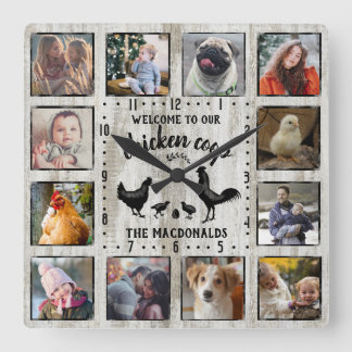 Rustic Farmhouse Wood Chicken Coop Photo Collage Vierkante Klok