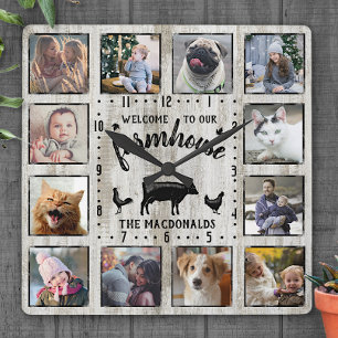 Rustic Farmhouse Wood Cow 12 Family Photo Collage Vierkante Klok
