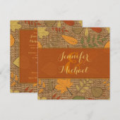 Rustic FAUX Burlap, Autumn Leaves Wedding Invite 3 Kaart (Voorkant / Achterkant)