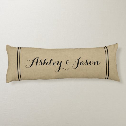 Rustic Faux Burlap en Black Monogrammed Lichaamskussen (Achterkant)