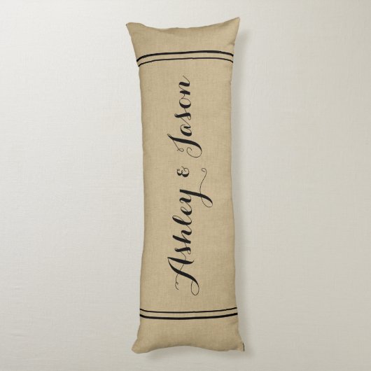 Rustic Faux Burlap en Black Monogrammed Lichaamskussen (Achterkant (Verticaal))