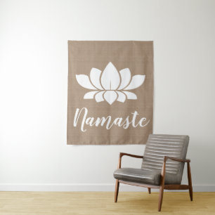 Rustic Faux Burlap Namaste White Lotus Yoga Wandkleed