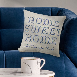 Rustic Faux Cross-Stitch Home Sweet Home Blauw Kussen